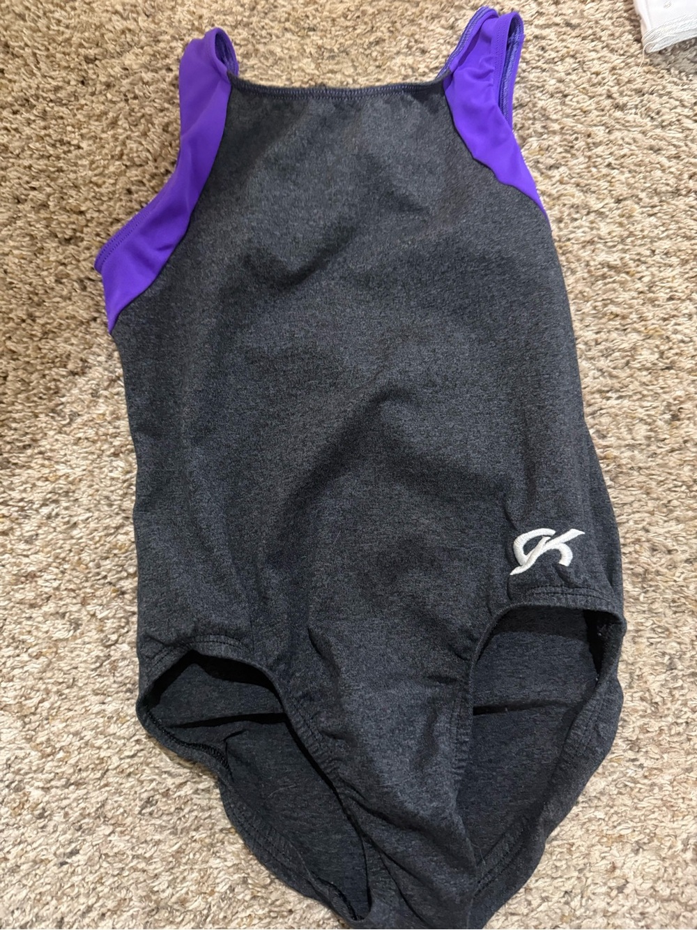 Girls Black GK leotard with Purple Shoulder Accents